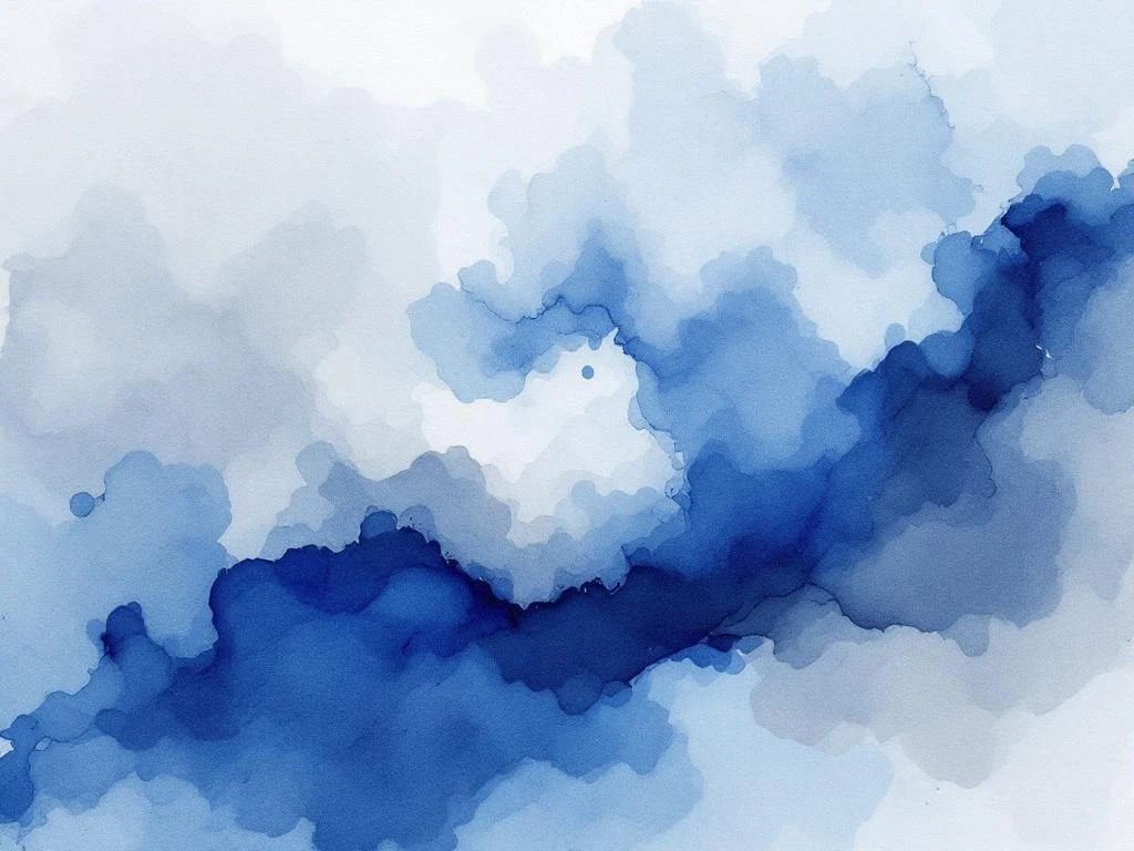 Abstracte minimalistische aquarel met vloeiende blauwe, witte, zwarte en grijze tinten op natuurlijk papier