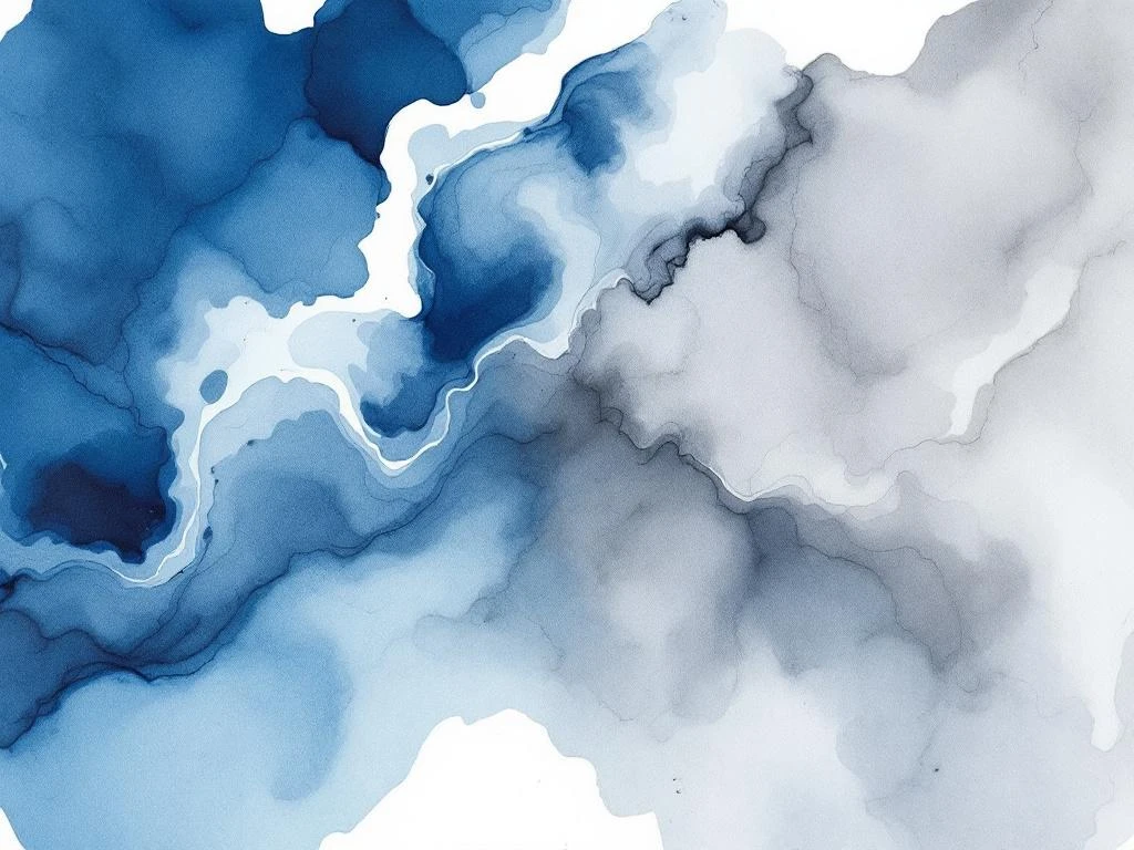 Abstract watercolor schilderij met vloeiende blauwe, witte, zwarte en grijze tinten in minimalistische compositie