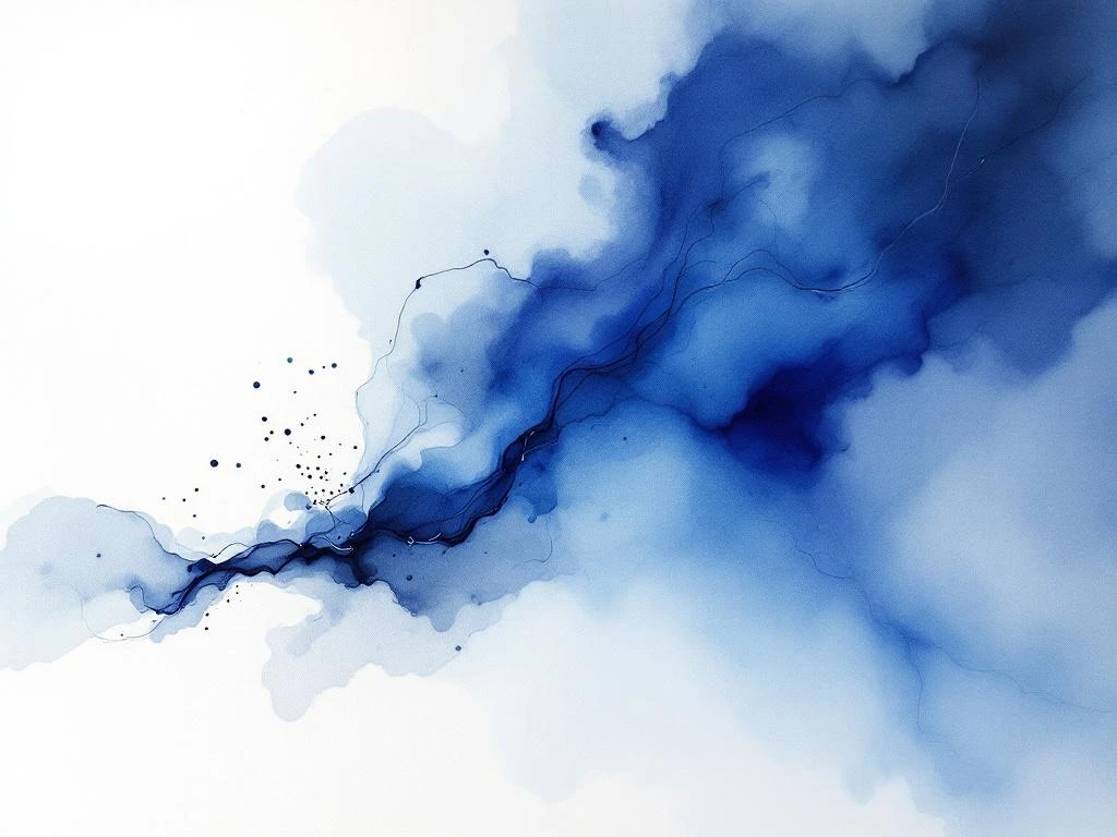 Abstract aquarel schilderij met vloeiende kleurwassen in koningsblauw, wit, zwart en grijstinten