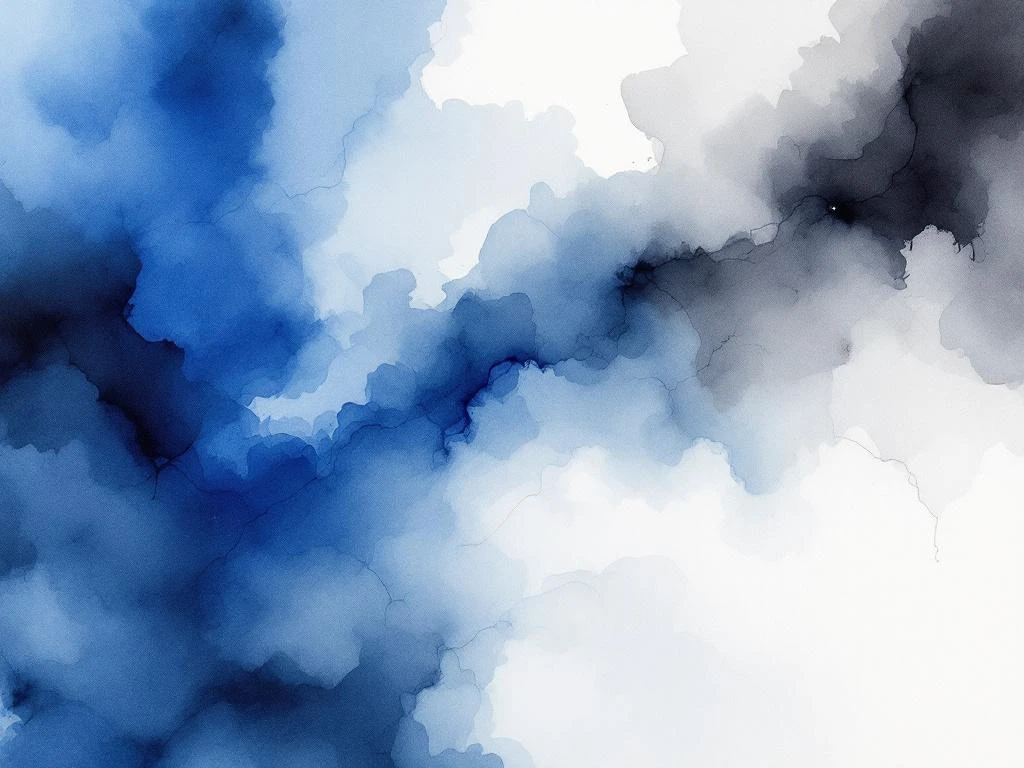 Abstracte minimalistische aquarel met vloeiende kleurovergangen in koningsblauw, wit, grijs en zwart tinten