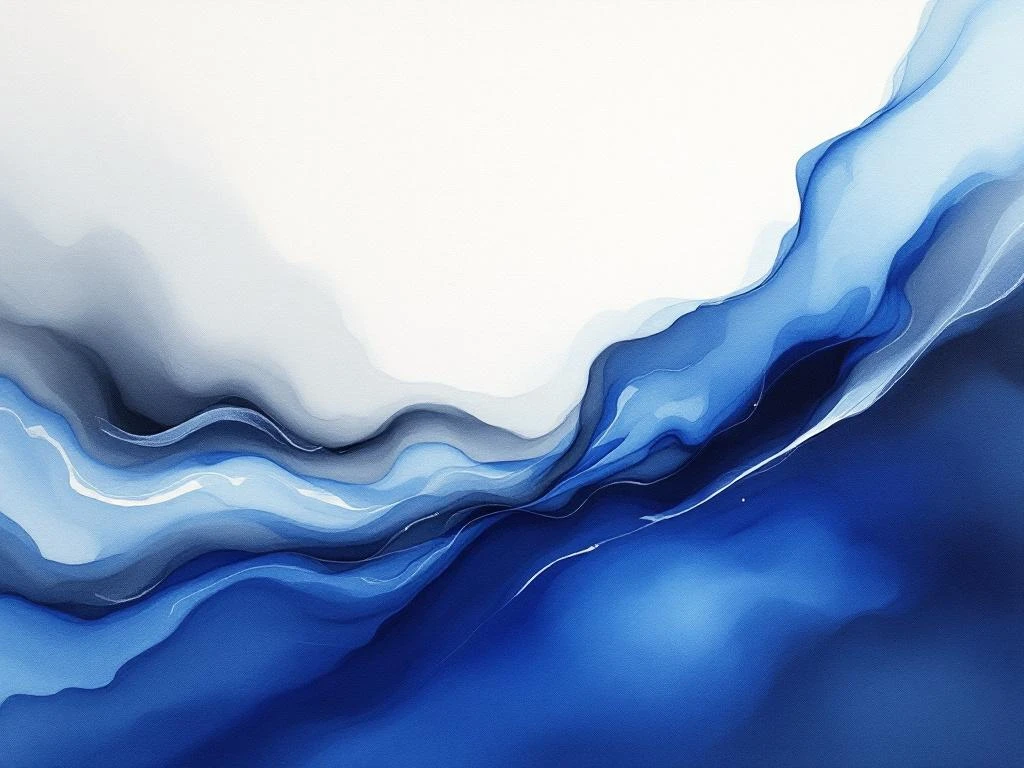 Abstracte minimalistische aquarel met vloeiende blauwe, witte, zwarte en grijze tinten in zachte overgangen