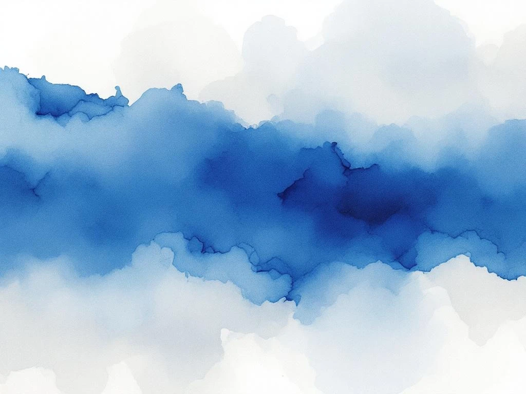 Abstracte minimalistische aquarel met vloeiende blauwe, witte en grijze kleurtonen in serene compositie