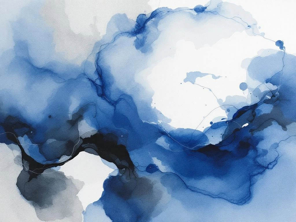 Abstract minimalistische aquarel met vloeiende koningsblauw, wit, grijs en zwart tinten in organische vormen