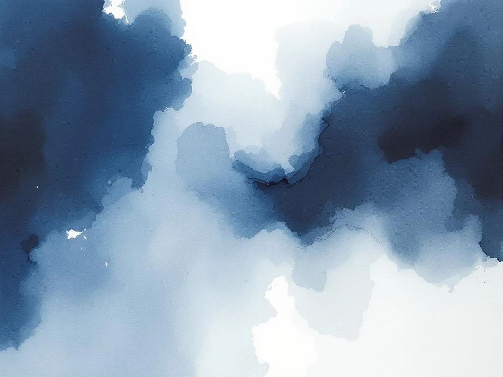 Abstracte minimalistische aquarel met vloeiende blauwe, witte, zwarte en grijze kleurovergangen zonder vaste vormen