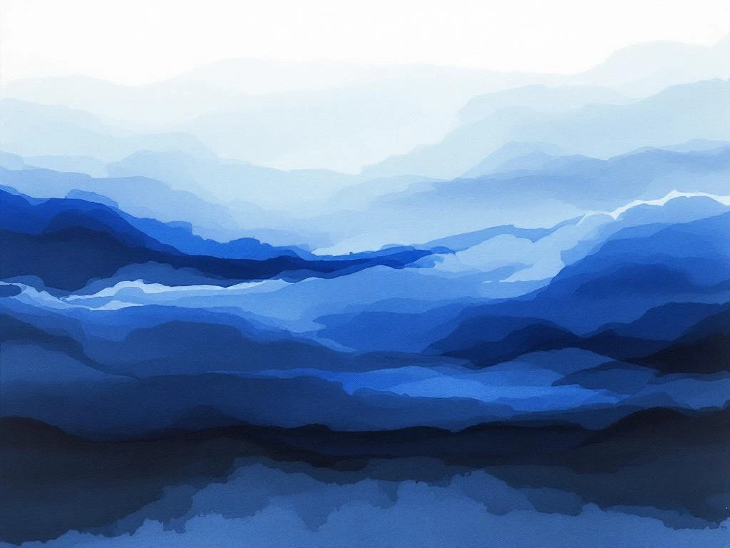 Abstract waterverf schilderij met vloeiende horizontale kleurovergangen in koningsblauw, wit, zwart en grijstinten