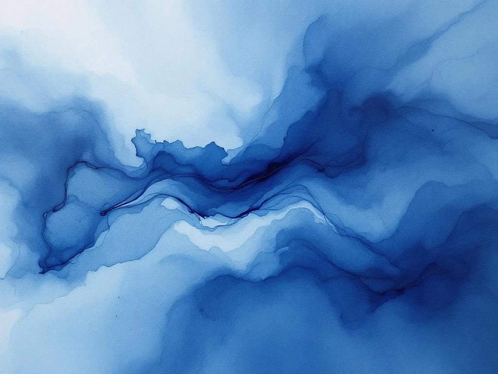 Abstracte minimalistische aquarel met vloeiende diepblauwe tinten, witte ruimtes en grijze ondertonen