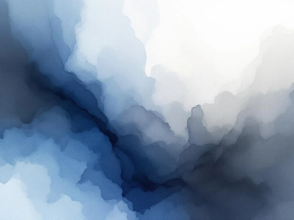 Abstracte minimalistische aquarel met vloeiende blauwe, witte, grijze en zwarte tinten in zachte kleurovergangen