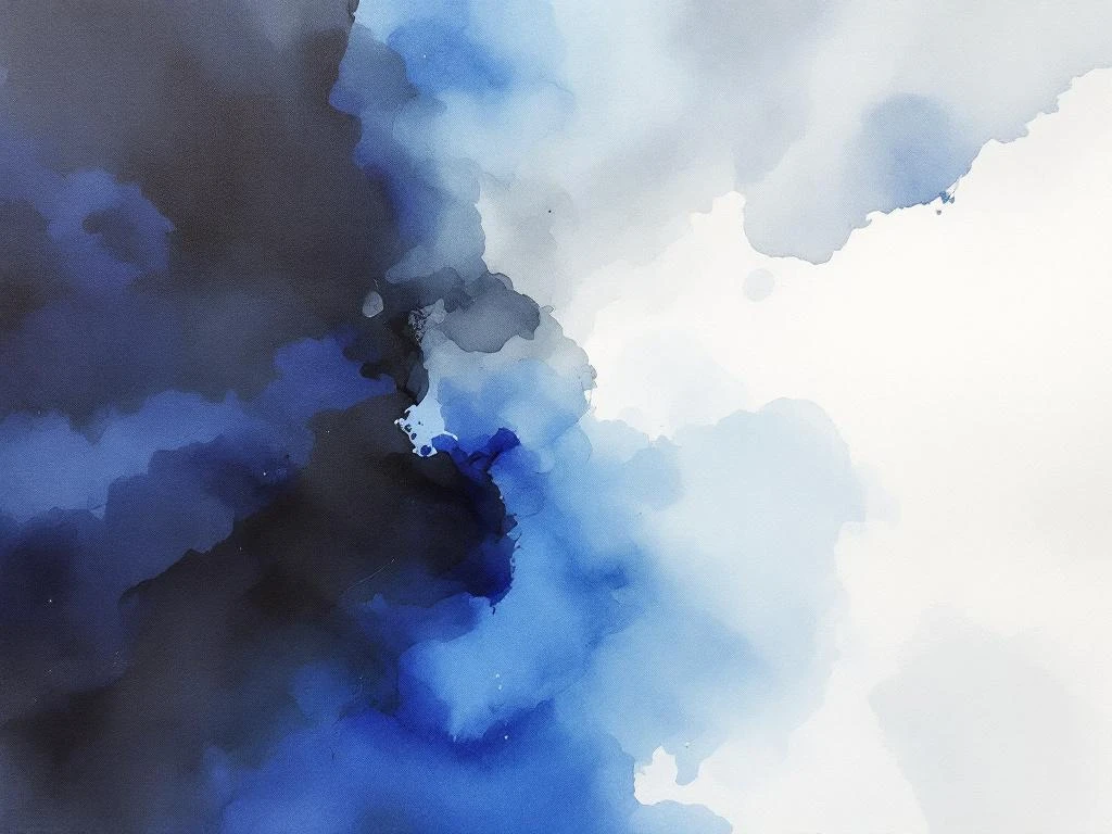 Abstracte minimalistische aquarel met vloeiende kleurvelden in koningsblauw, wit, zwart en grijs tinten