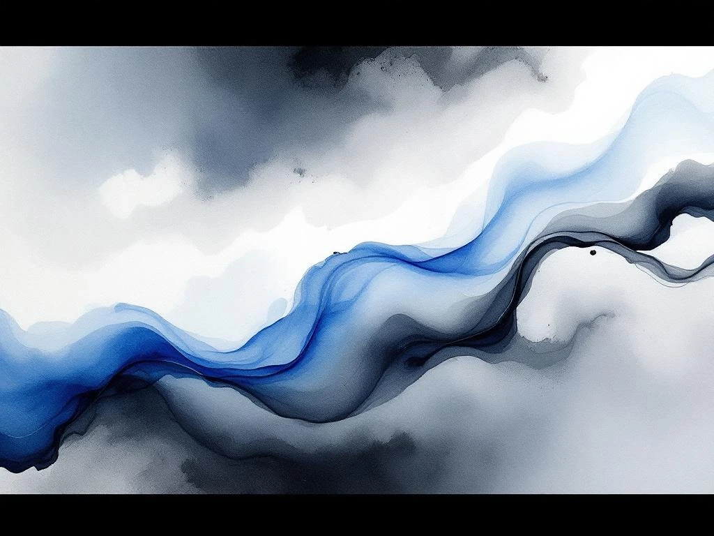Abstracte minimalistische aquarel met vloeiende blauwe, witte, zwarte en grijze kleurovergangen