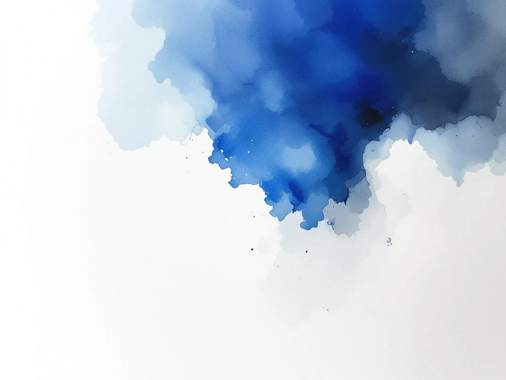 Abstracte minimalistische aquarel met vloeiende blauwe, witte, grijze en zwarte kleurwassingen in organische vormen