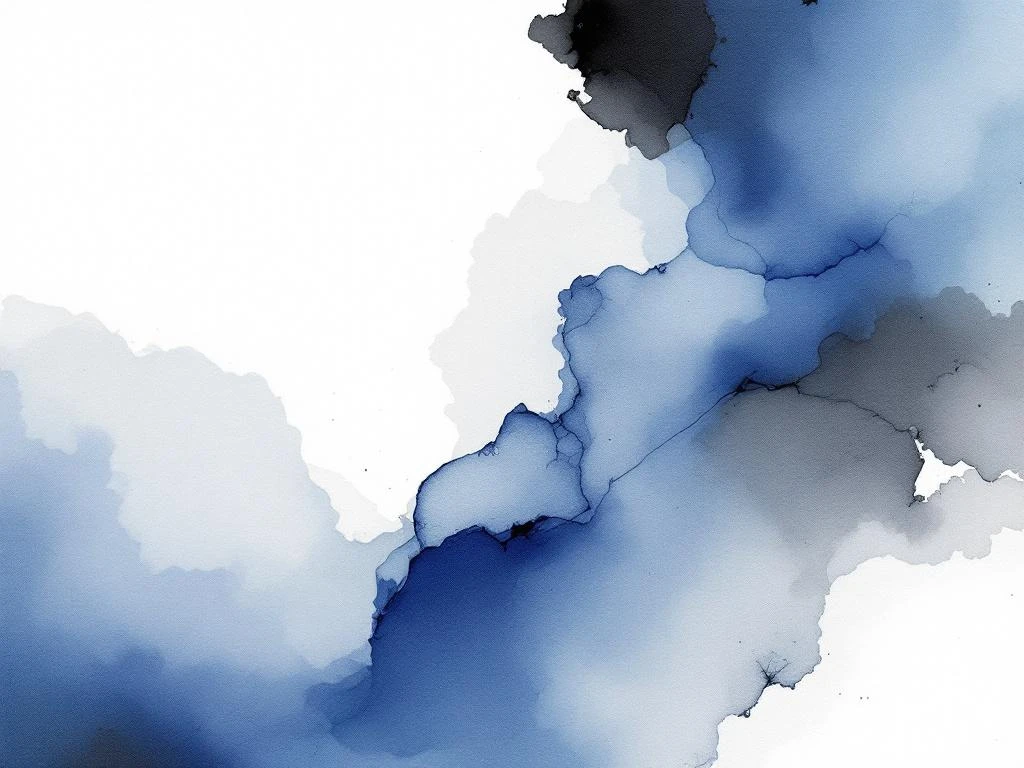 Abstracte minimalistische aquarel met vloeiende blauwe, witte, grijze en zwarte tinten in organische vormen