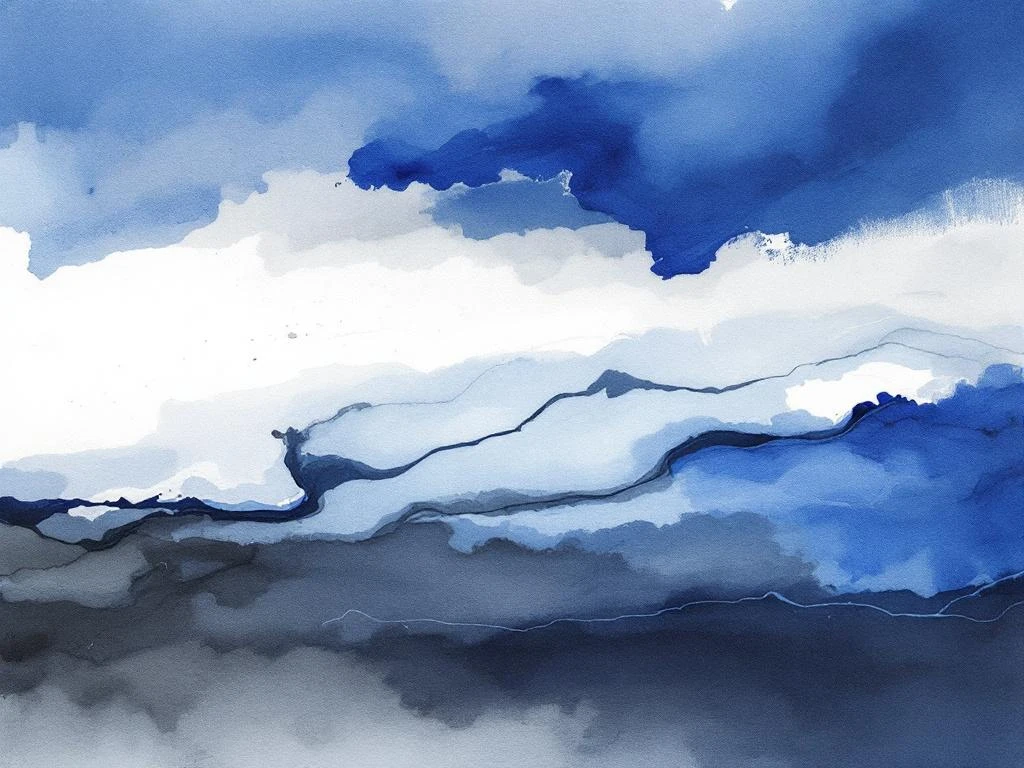 Abstracte minimalistische aquarel met vloeiende blauwe, witte, grijze en zwarte kleurovergangen in horizontale beweging