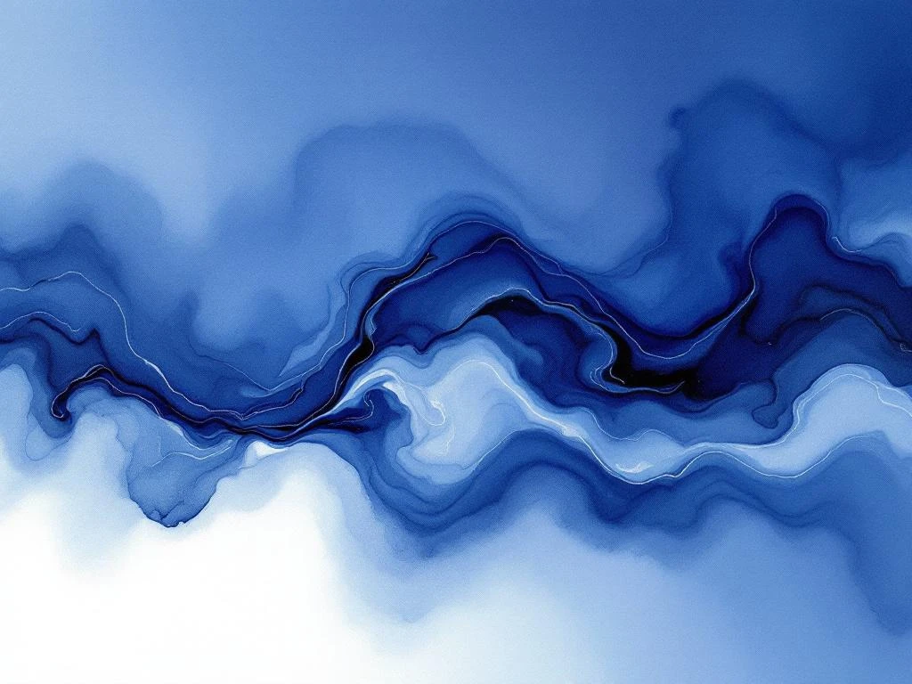Abstracte minimalistische aquarel met vloeiende blauwe, grijze en witte kleurovergangen in organische vormen