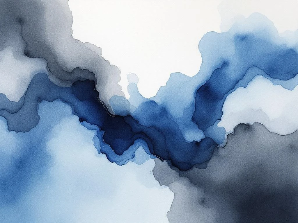 Abstracte aquarel met vloeiende kleurovergangen in diepblauw, wit, zwart en grijs met natuurlijke beweging