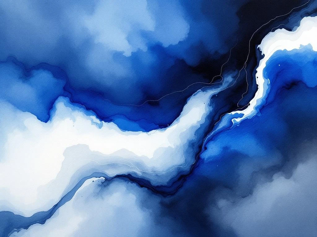 Abstract waterverf schilderij met vloeiende blauwe, witte, grijze en zwarte tinten in organische gradiënten