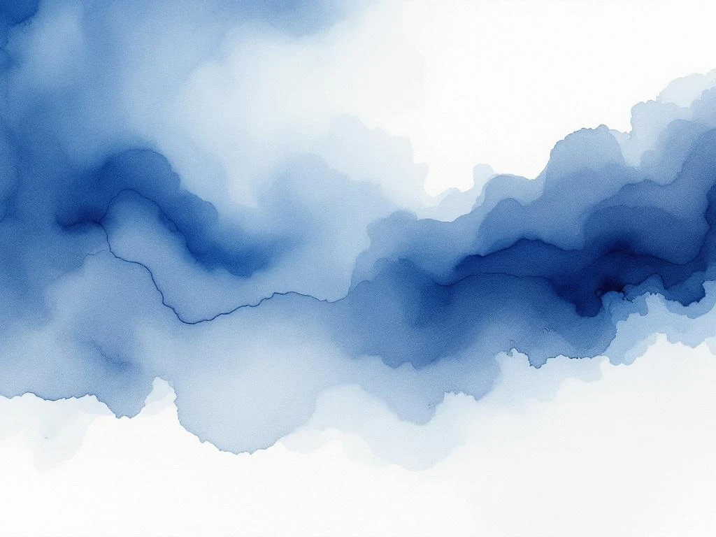 Abstracte minimalistische aquarel met vloeiende blauwe en witte kleurovergangen en subtiele zwarte accenten