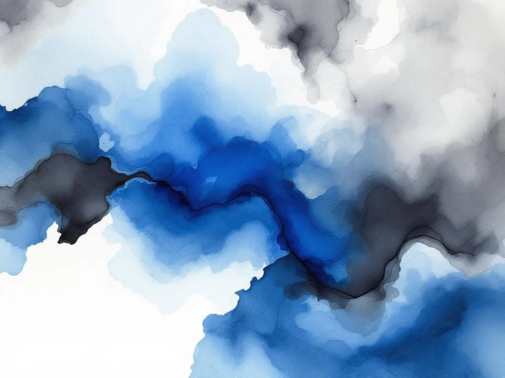 Abstract aquarel schilderij met vloeiende blauwe, witte, grijze en zwarte tinten in minimalistische stijl