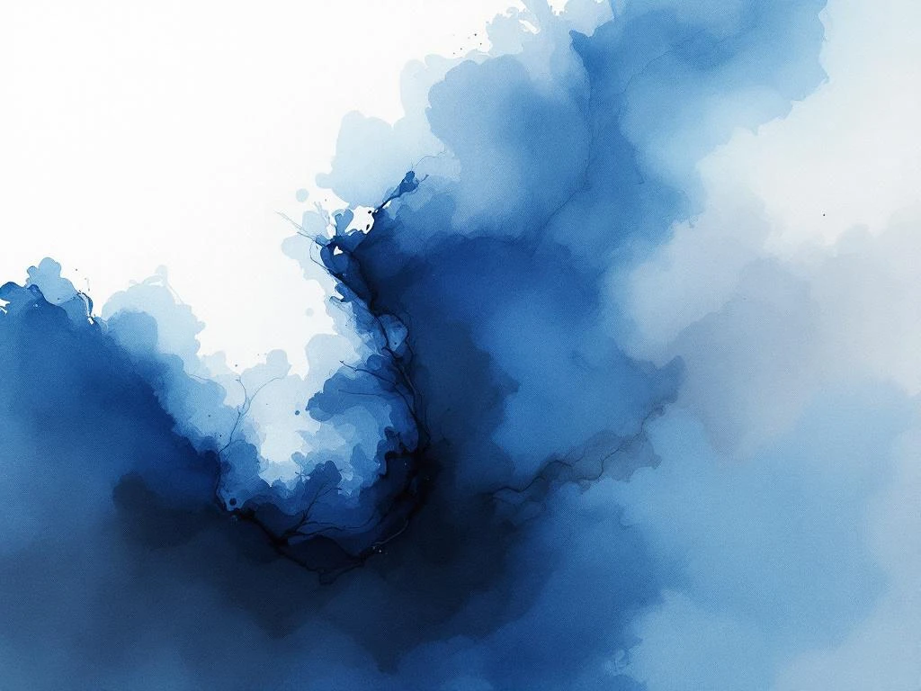 Abstracte minimalistische aquarel met vloeiende koninksblauw, wit, zwart en grijze tinten in zachte overgangen