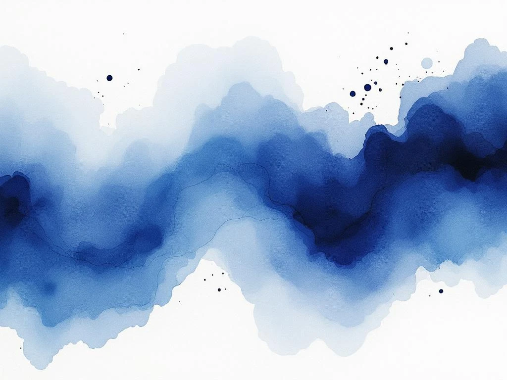 Abstracte minimalistische aquarel met vloeiende diepblauwe tinten en grijze accenten op wit papier
