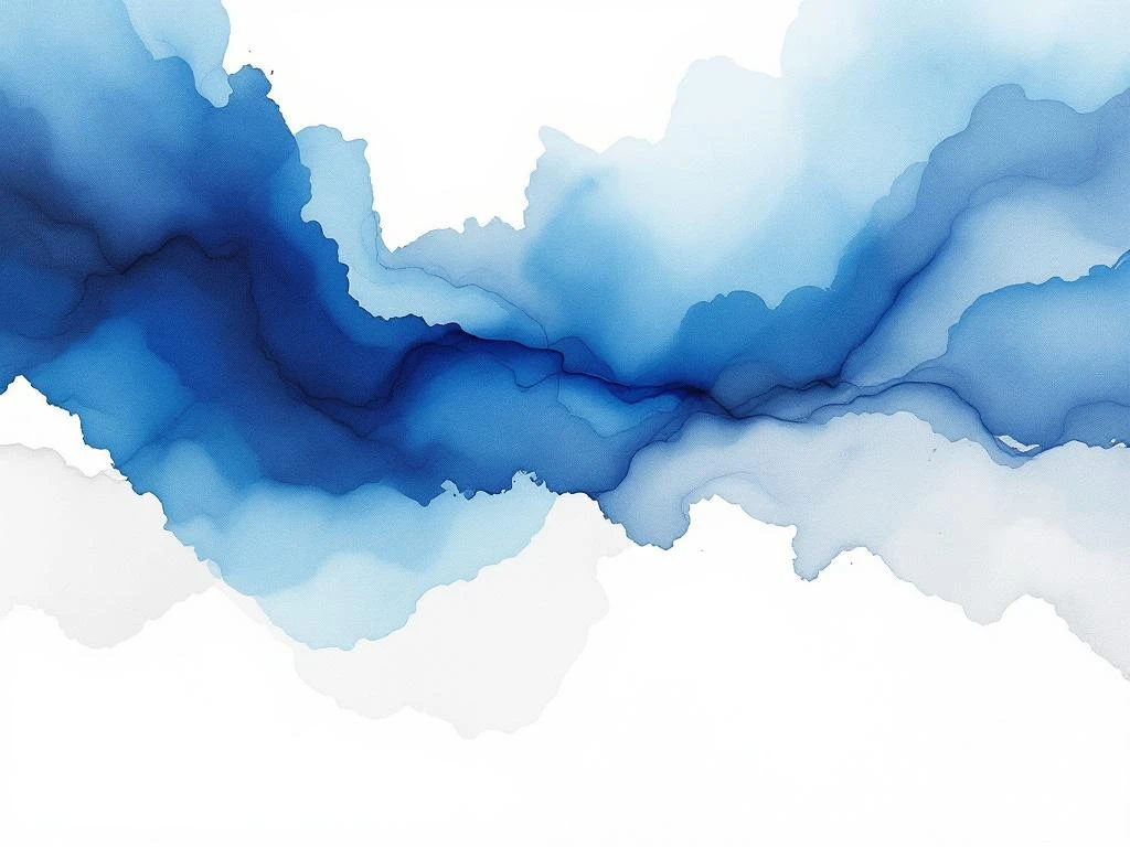 Abstract aquarel schilderij met vloeiende diepblauwe, witte en grijze tinten in organische patronen