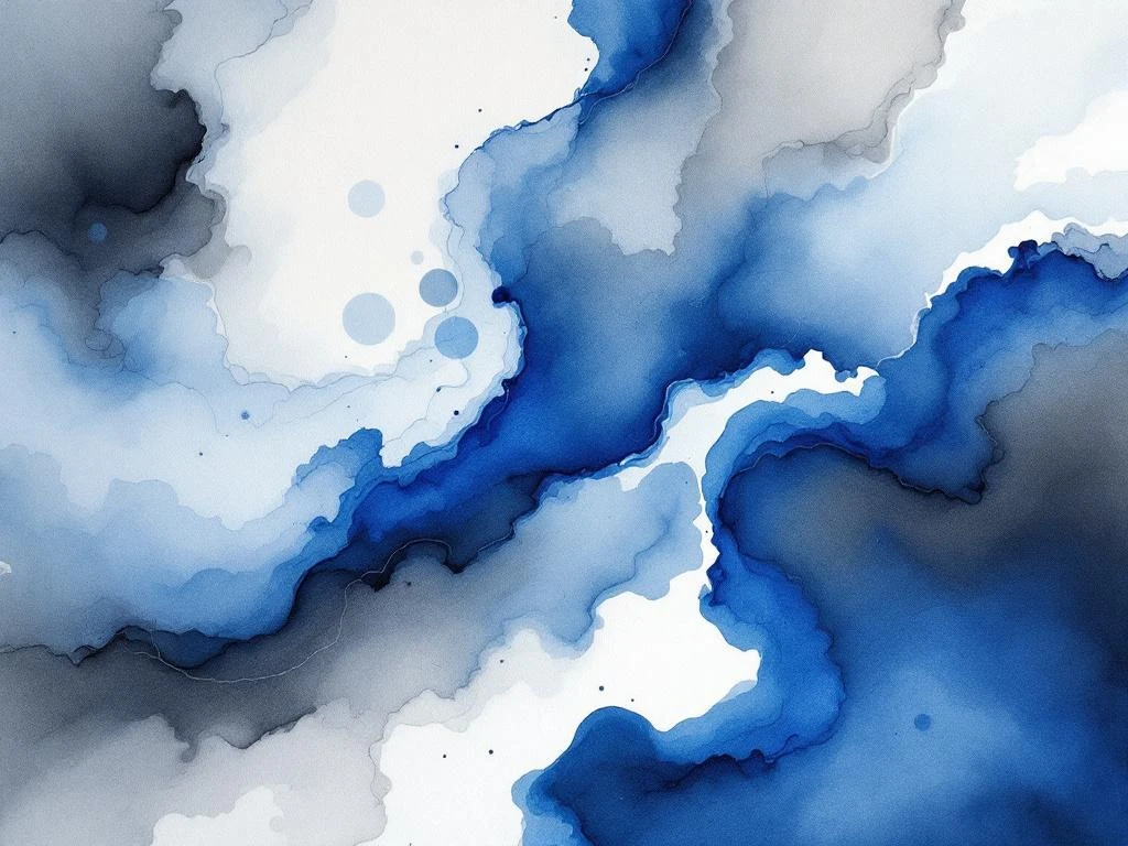 Abstract minimalistisch aquarel schilderij met vloeiende kleurwassen in koningsblauw, wit, zwart en grijstinten