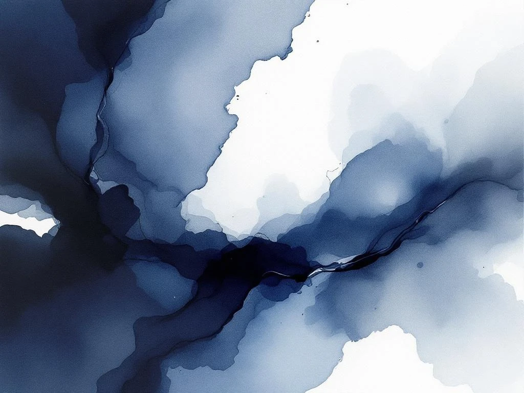 Abstracte minimalistische aquarel met vloeiende blauwe, witte, grijze en zwarte kleurwassen in serene compositie