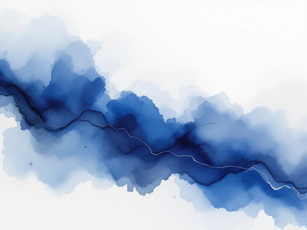 Abstracte minimalistische aquarel met vloeiende koningsblauwe wassen, grijze overgangen en zwarte accenten op wit