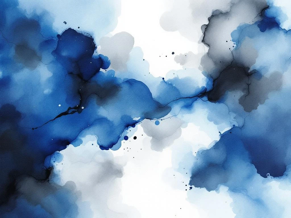 Abstracte minimalistische aquarel met vloeiende blauwe, witte, grijze en zwarte tinten in zachte overgangen