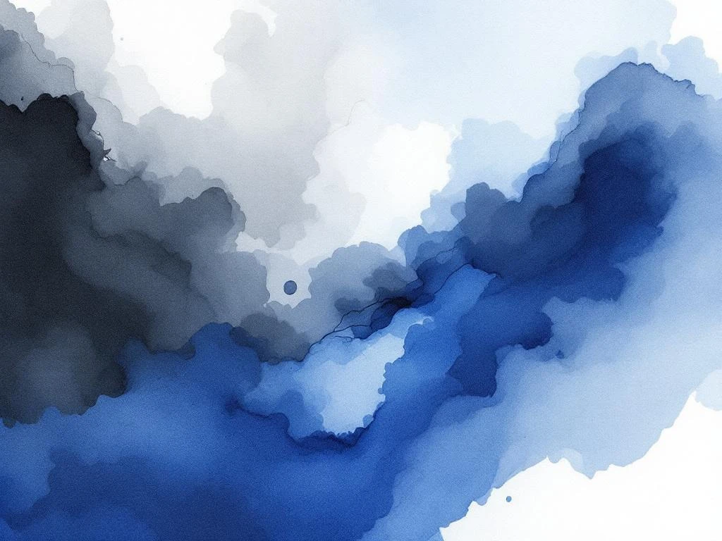 Abstracte aquarel compositie met vloeiende blauwe, witte, grijze en zwarte tinten in minimalistische stijl