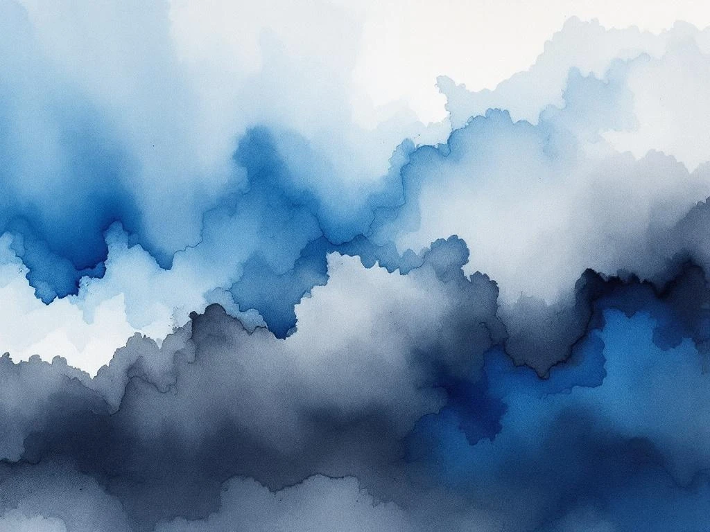 Abstracte minimalistische aquarel met vloeiende blauwe, witte, zwarte en grijze tinten in zachte kleurovergangen