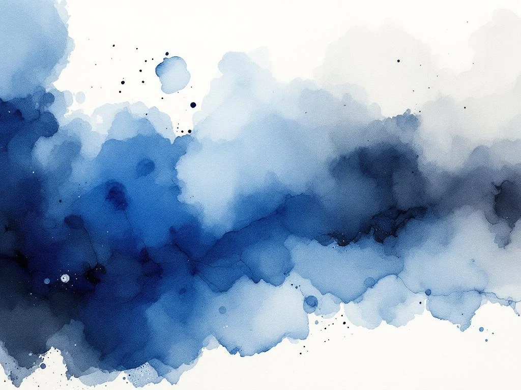 Abstracte minimalistische aquarel met vloeiende kleurwassen in diepblauw, wit, zwart en grijstinten