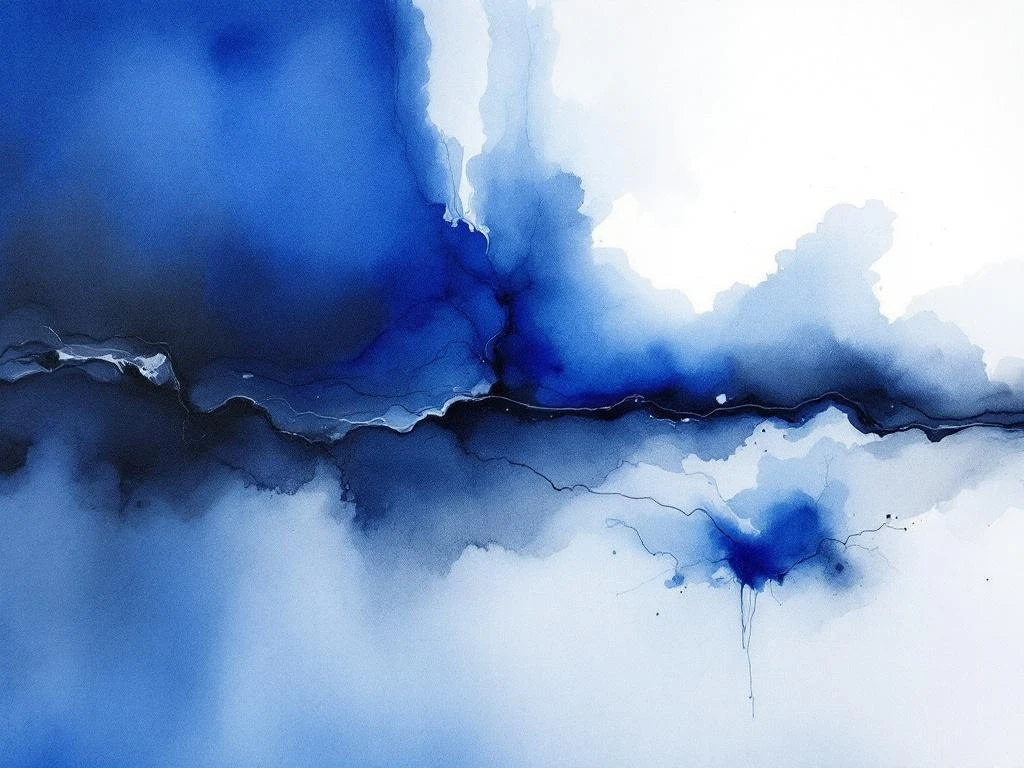 Abstracte aquarel schildering met vloeiende blauwe, witte en grijze tinten die natuurlijk in elkaar overlopen