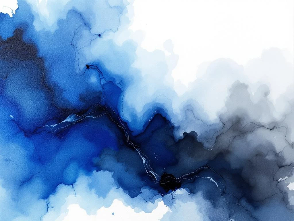 Abstracte aquarel met vloeiende blauwe, witte en grijze kleurovergangen in organische wolkachtige vormen