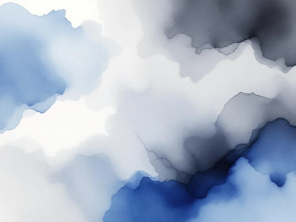 Abstract waterverf schilderij met vloeiende diepblauwe, witte, grijze en zwarte tinten in organische vormen