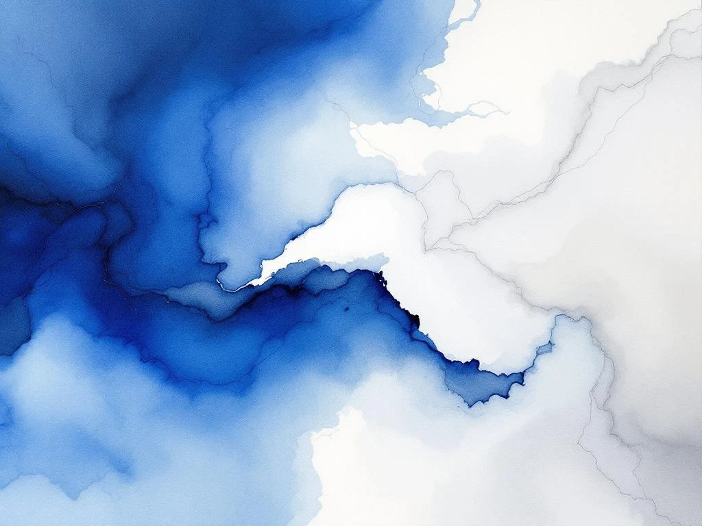 Abstract waterverf schilderij met vloeiende kleurovergangen in koningsblauw, wit, zwart en grijs tinten