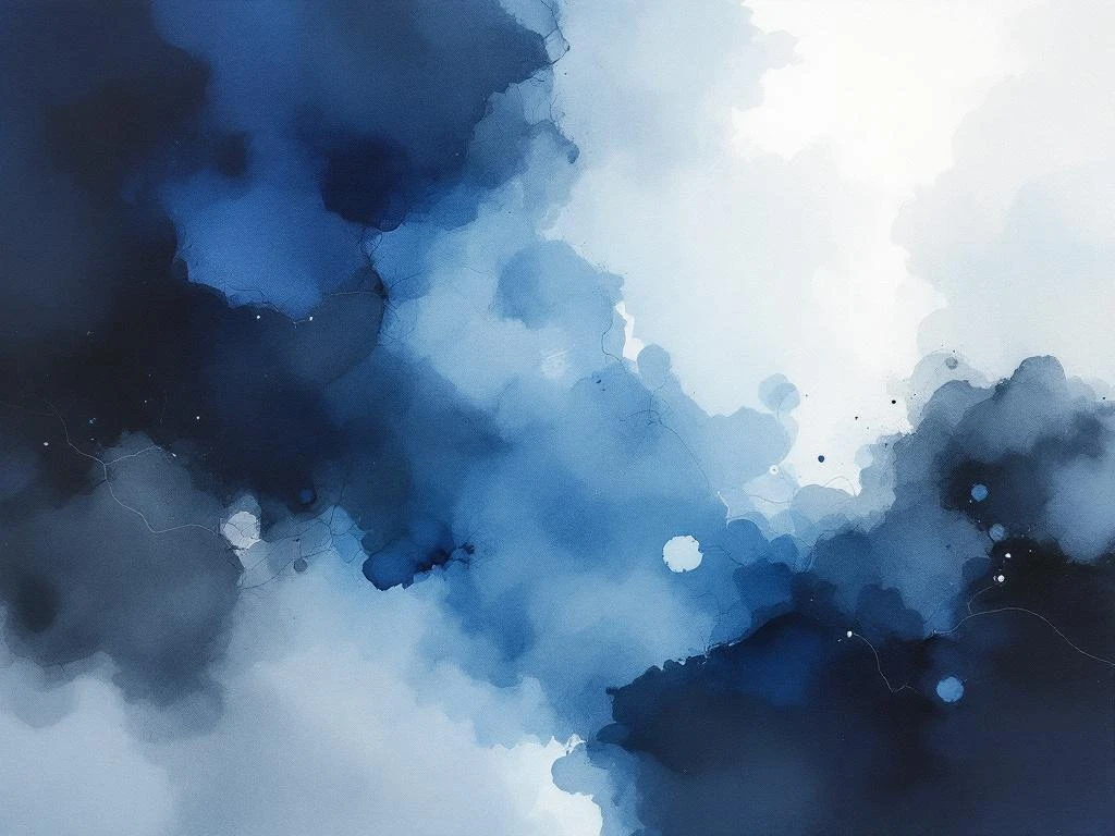 Abstracte minimalistische aquarel met vloeiende blauwe, witte, zwarte en grijze tinten in zachte kleurovergangen