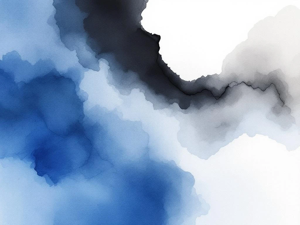 Abstracte minimalistische aquarel met vloeiende kleurwassen in diepblauw, wit, grijs en zwart zonder herkenbare vormen