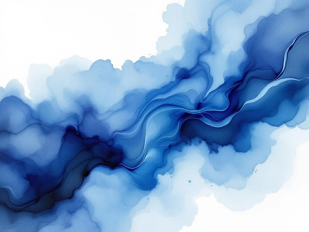 Abstracte minimalistische aquarel met vloeiende diepblauwe wassen op wit canvas, grijze overgangen en zwarte accenten