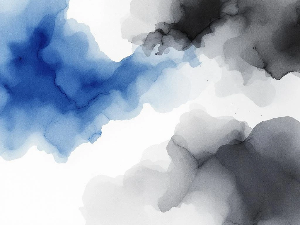 Abstracte minimalistische aquarel met vloeiende blauwe, witte, grijze en zwarte tinten in organische vormen