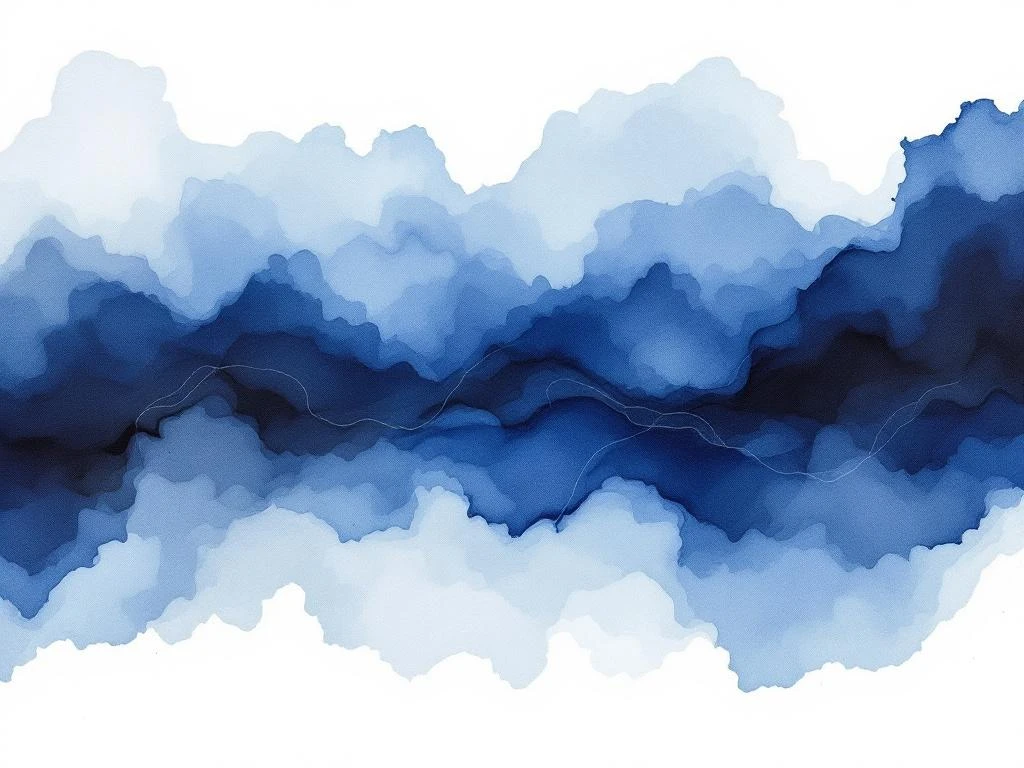 Abstracte minimalistische aquarel met vloeiende blauwe, witte, zwarte en grijze tinten in horizontale compositie