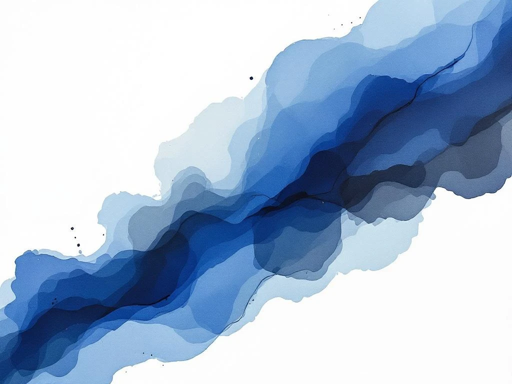 Abstracte minimalistische aquarel met vloeiende diepblauwe verfstreken op wit canvas met grijze accenten