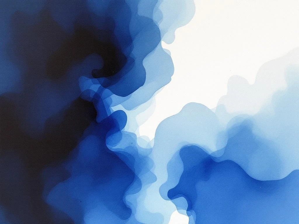 Abstracte minimalistische aquarel met vloeiende blauwe, witte, zwarte en grijze kleurvlakken in moderne stijl