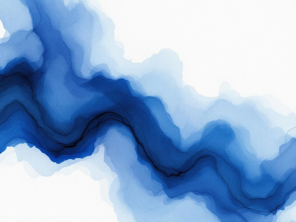 Abstracte aquarel schildering met vloeiende cobaltblauwe tinten, witte accenten en grijze diepte in minimalistische stijl