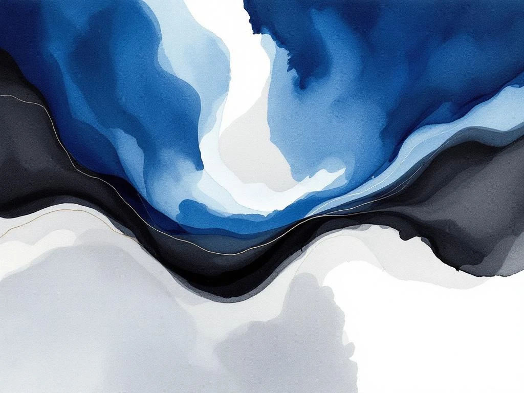 Abstract waterverf schilderij met vloeiende blauwe, grijze, witte en zwarte tinten in minimalistische stijl