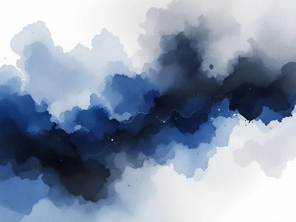 Abstract aquarel schilderij met vloeiende blauwe, witte, zwarte en grijze tinten in minimalistische stijl