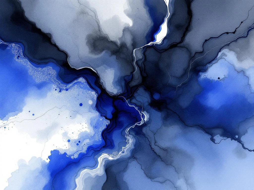 Abstract watercolor schilderij met vloeiende blauwe, witte en grijze tinten in minimalistische stijl