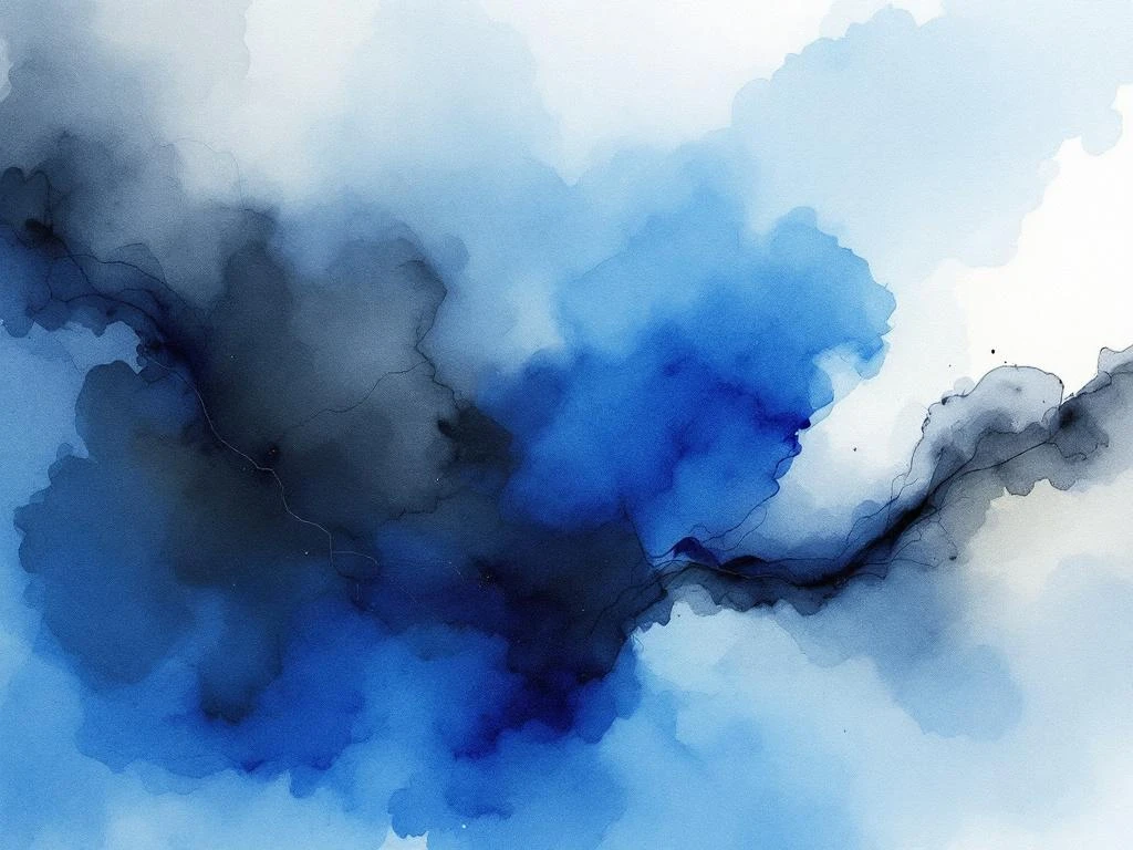 Abstracte minimalistische aquarel met vloeiende blauwe, witte, zwarte en grijze tinten in zachte kleurovergangen