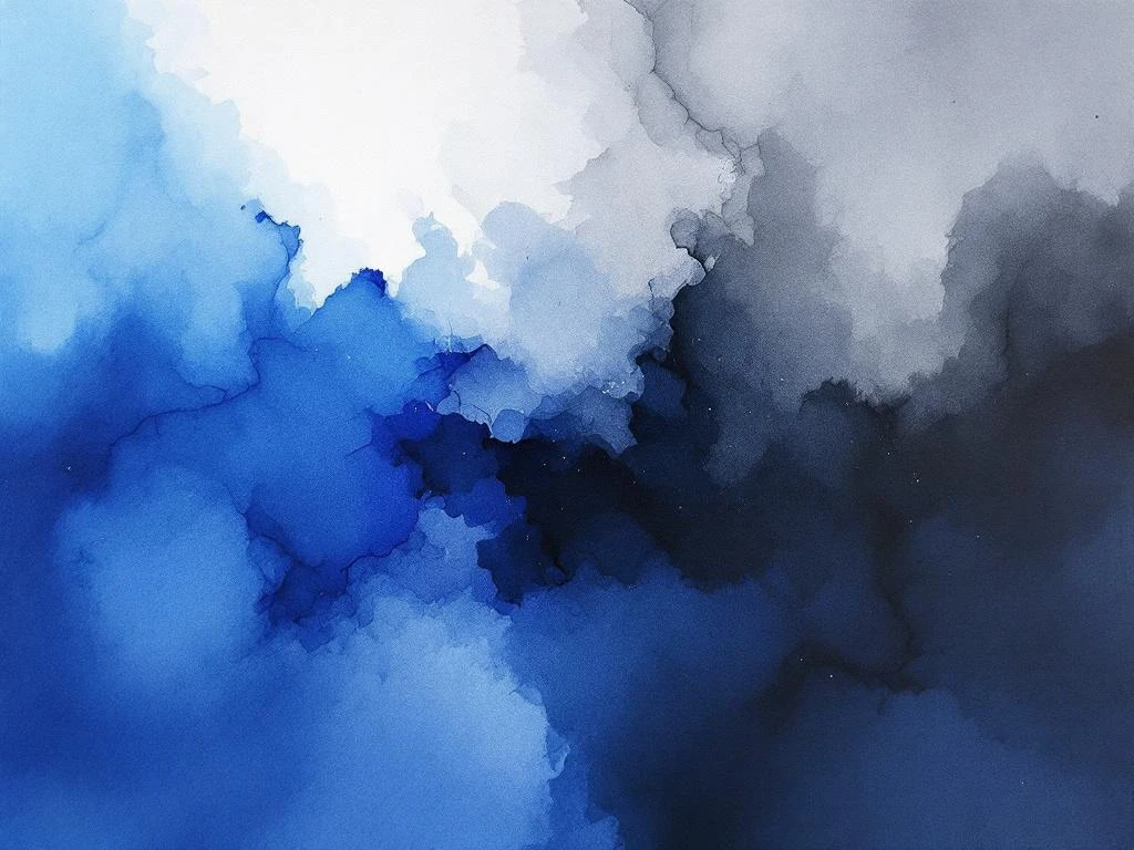 Abstracte minimalistische aquarel met vloeiende kleurovergangen in diepblauw, wit, zwart en grijstinten