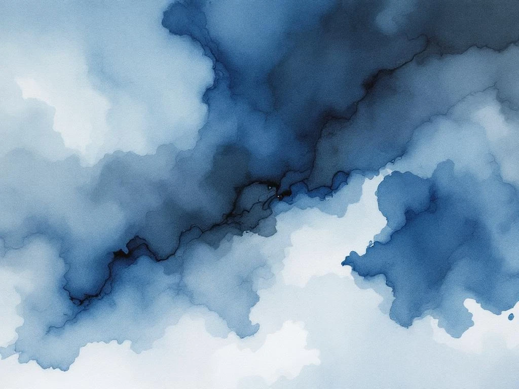 Abstract minimalistisch aquarel schilderij met vloeiende blauwe, witte, zwarte en grijze tinten in organische vormen