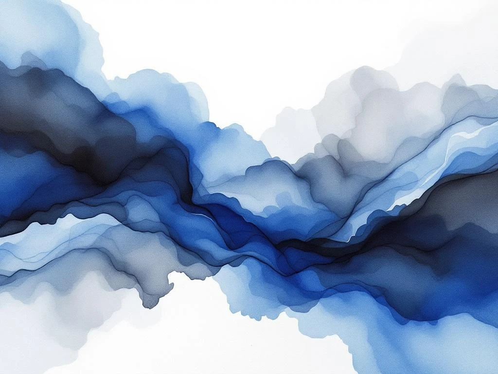 Abstracte minimalistische aquarel met vloeiende blauwe, witte, zwarte en grijze tinten in organische vormen